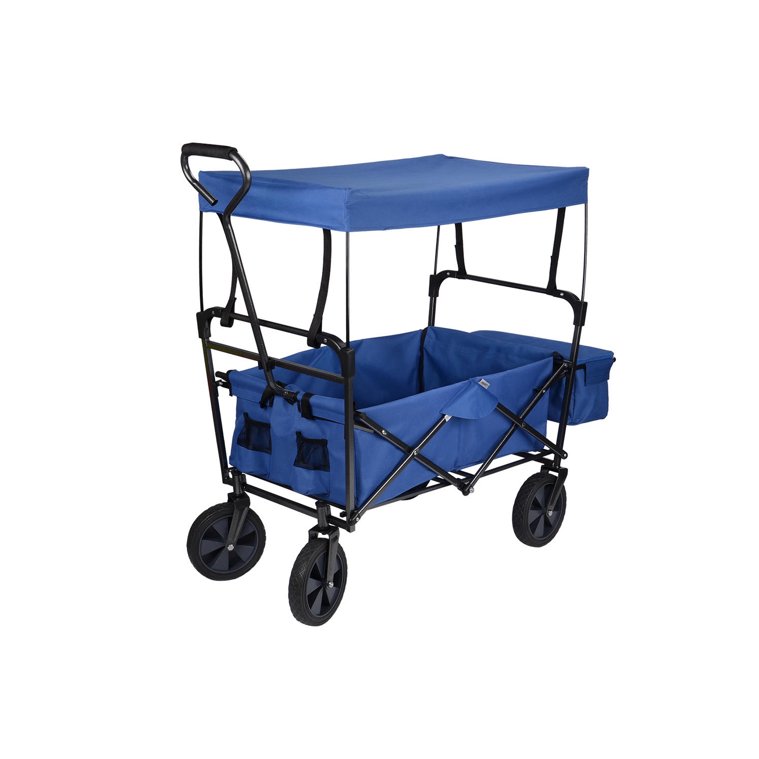 Chariot utilitaire pliable bleu, chariot de magasinage de jardin pour l'extérieur en caoutchouc avec auvent