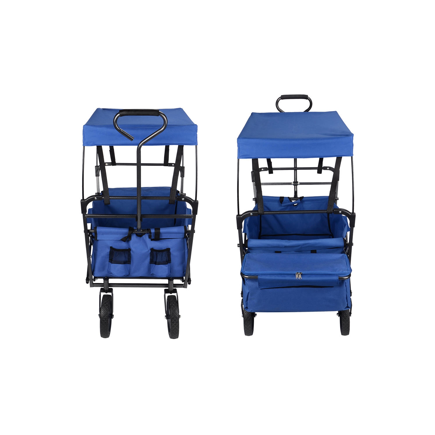 Chariot utilitaire pliable bleu, chariot de magasinage de jardin pour l'extérieur en caoutchouc avec auvent