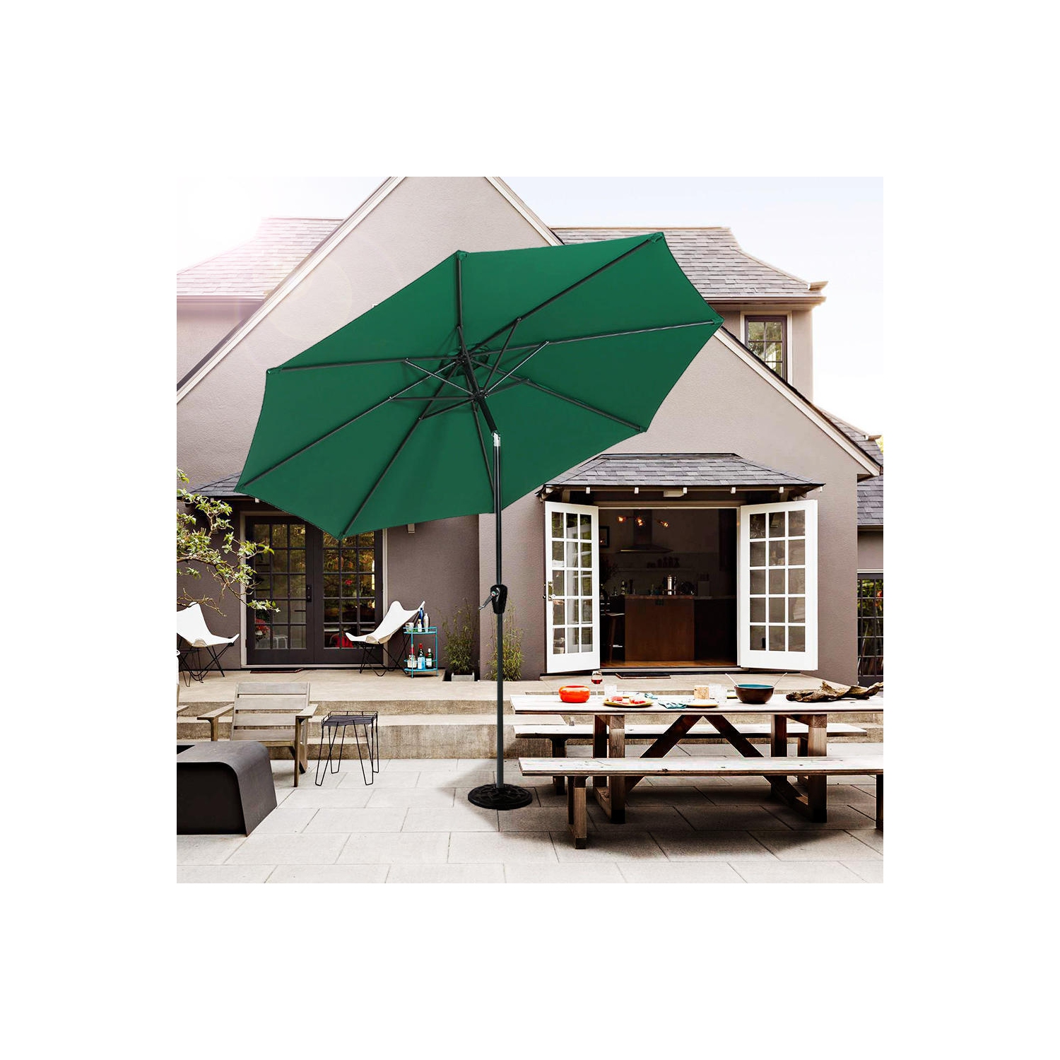 9 Ft Market Patio Umbrella with Tilt and Crank, Centred Umbrellas Outdoor Parasol Sun Shelter Table Umbrella with 8 Sturdy Ribs - Green