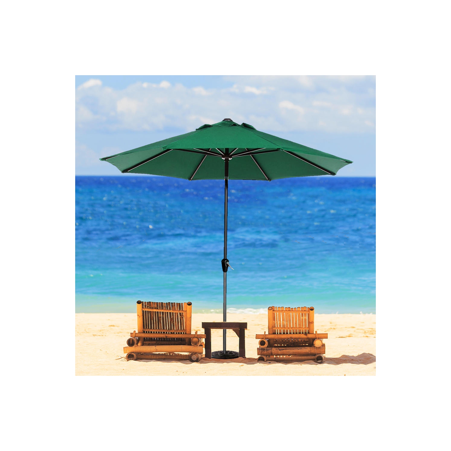 9 Ft Market Patio Umbrella with Tilt and Crank, Centred Umbrellas Outdoor Parasol Sun Shelter Table Umbrella with 8 Sturdy Ribs - Green