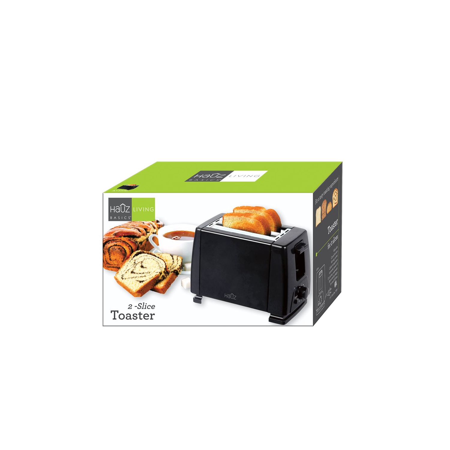 Hauz ATS936 - 2 Slice Toaster, Wide Slot, Crumb Tray, 750 Watts, Black
