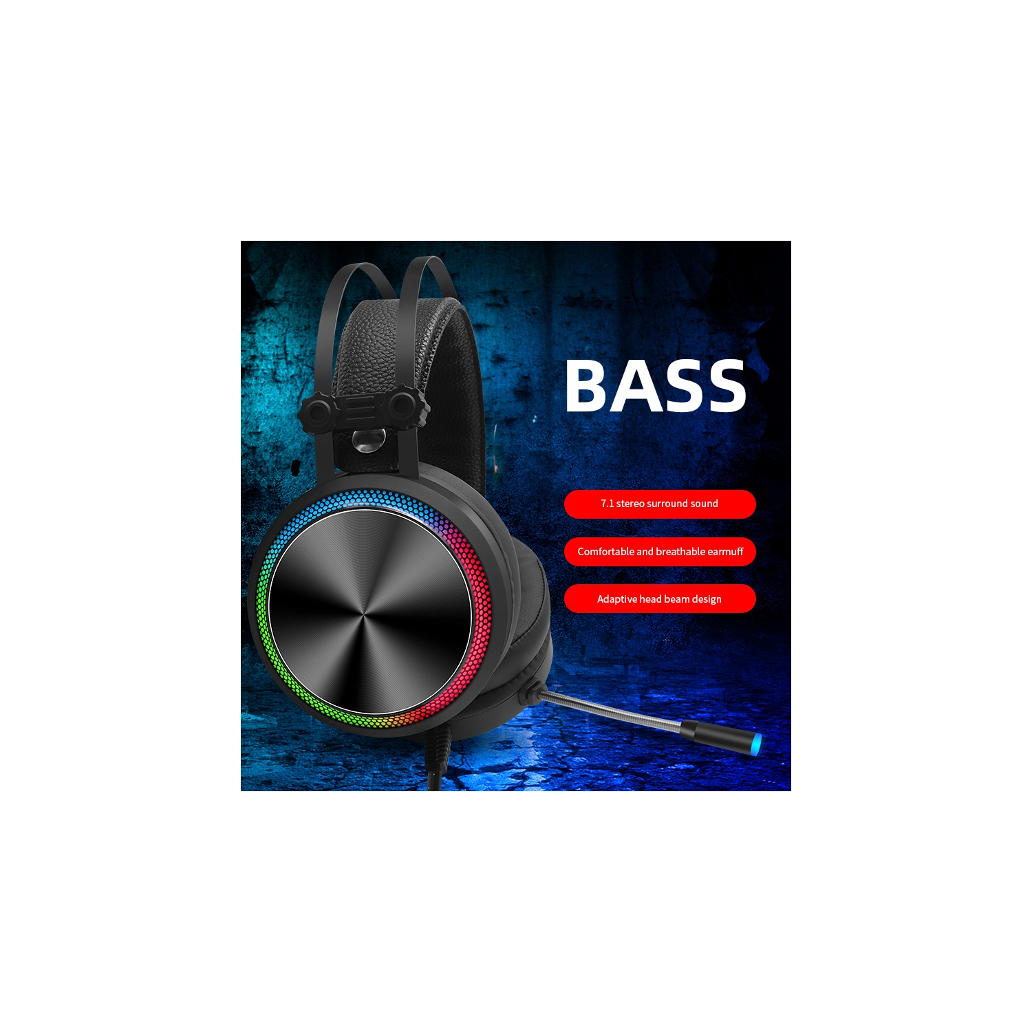 Gaming Headset For PC, USB Gaming Headphones with Noise Canceling Microphone, 7.1 Surround Sound Deep Bass PC Gaming Headset with Volume Control, Led