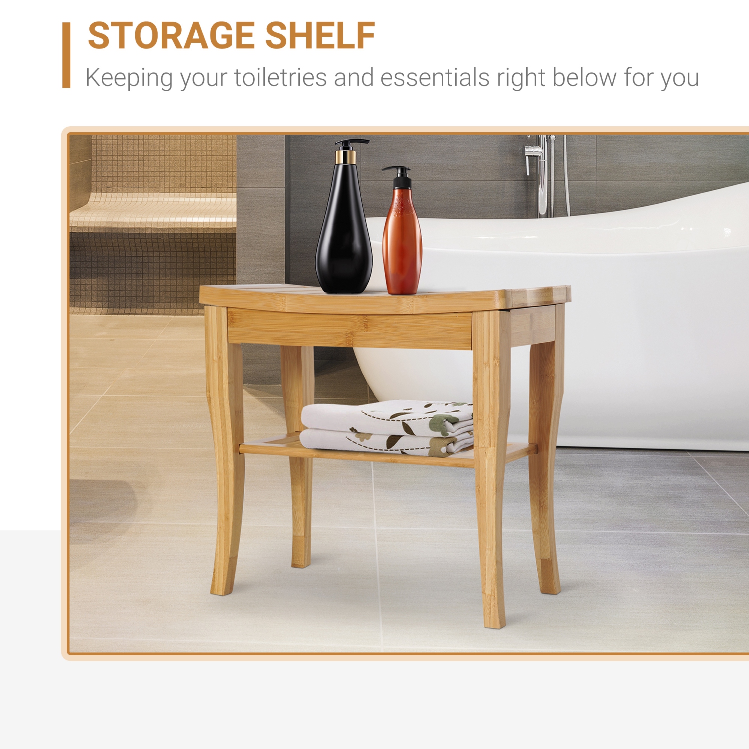 HOMCOM 20" Bamboo Shower Bench Bathroom Stool Spa Bath Seat Organizer Storage Shelf