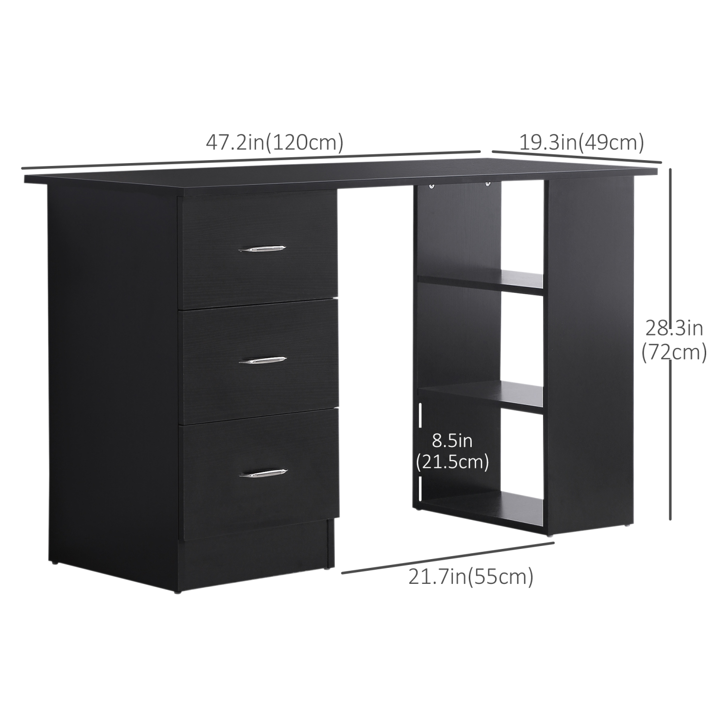 HOMCOM Computer Desk with 3-Tier Storage Shelves, 47 Inches Home Office Desk with Drawers, Study Writing Table, Black
