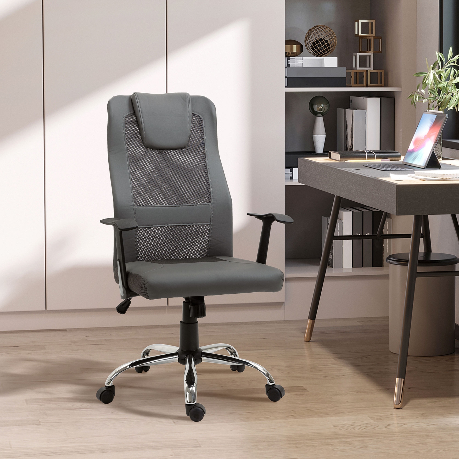 Vinsetto Chaise de Bureau à Dossier Haut en Maille Ergonomique Siège de Bureau d'Ordinateur Épais Rembourré Appui-Tête avec Accoudoir Bureau Gris
