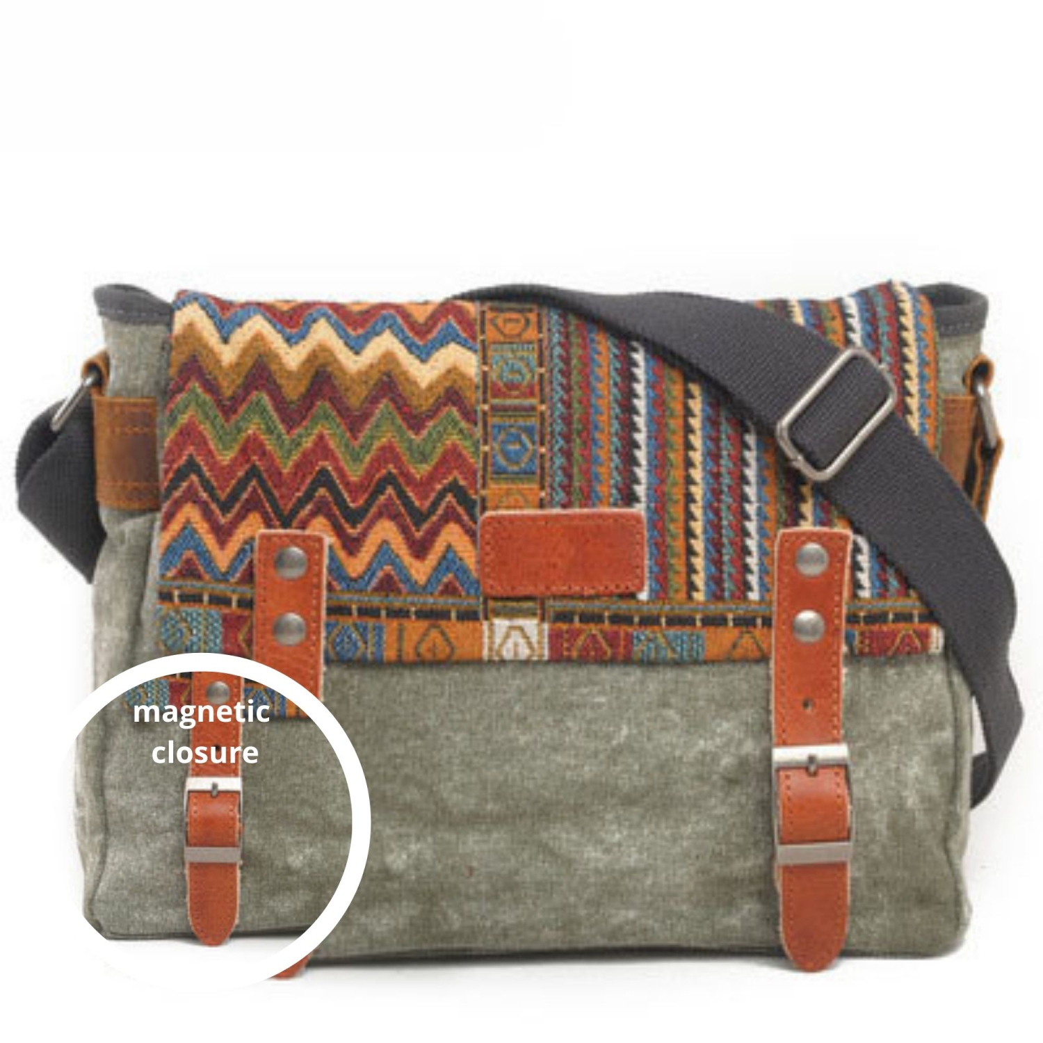 Sac besace en toile à rabat brodé