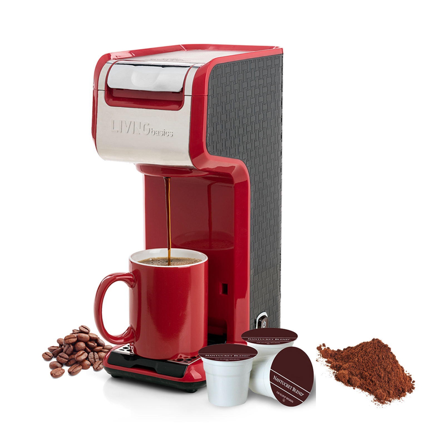 2-in-1 Coffee Maker Brewer for Single-Serve K-Cup Pods Carafe Pods, Capsules or Ground Coffee - Red