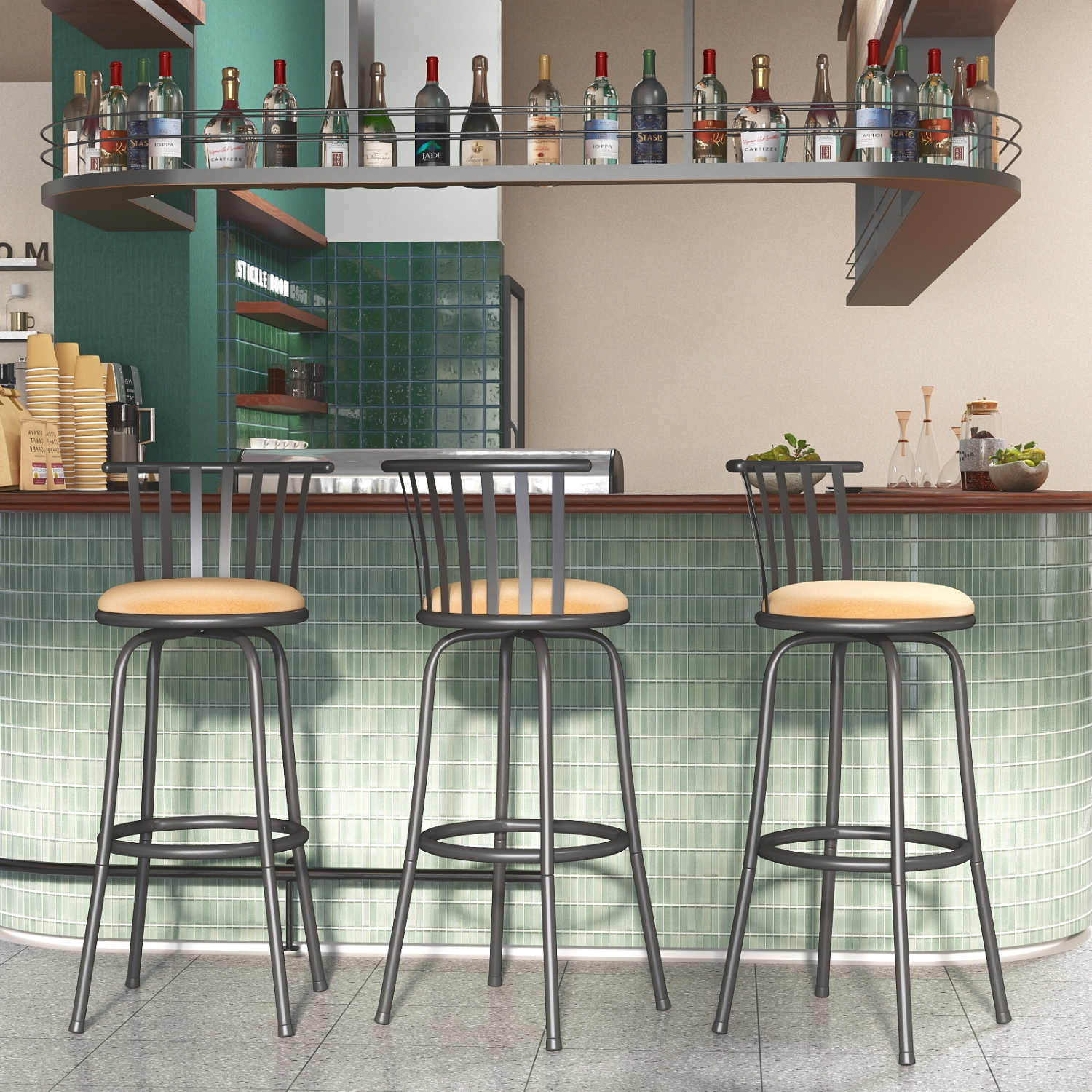 Set of 4 Vintage Expresso Faux Leather Dining Chairs with Wood Finished Metal Legs