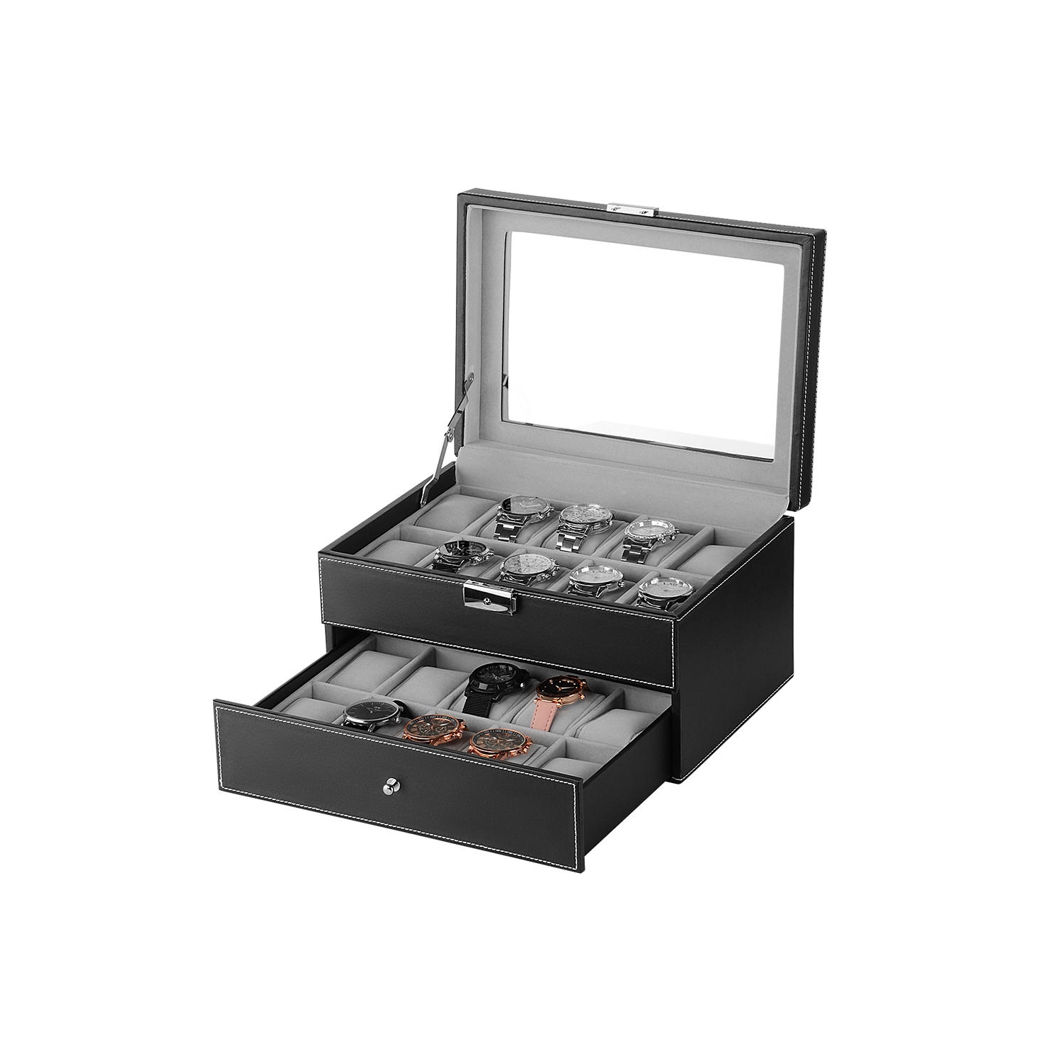 SortWise 2 Tier 20 Girdse Lockable Watch Box, Leather Watch Case Storage Organizer, Grey