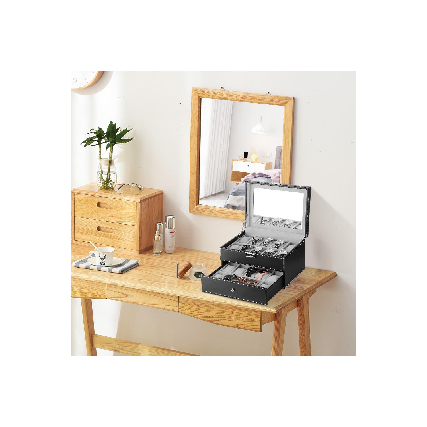 SortWise 2 Tier 20 Girdse Lockable Watch Box, Leather Watch Case Storage Organizer, Grey