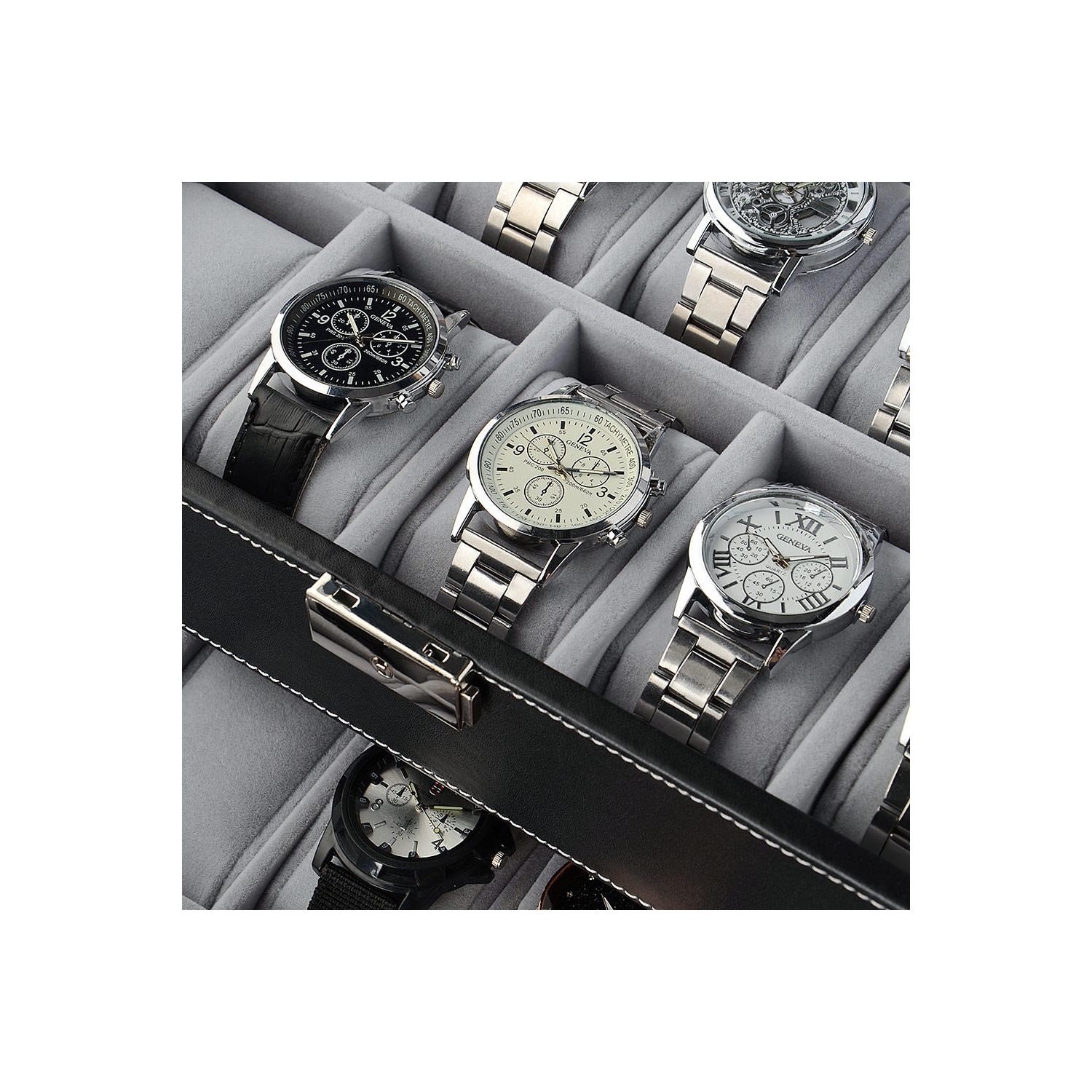 SortWise 2 Tier 20 Girdse Lockable Watch Box, Leather Watch Case Storage Organizer, Grey