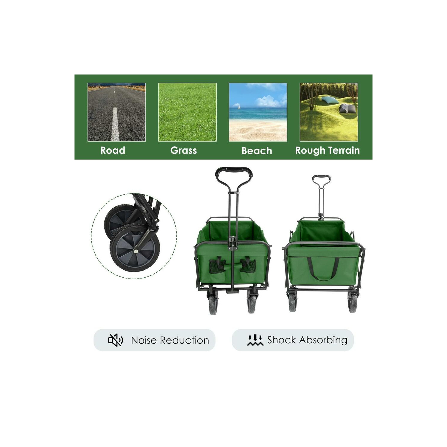 Chariots pliants d'extérieur, chariots de camping utilitaires pliables, chariot de magasinage Beach Garden, vert