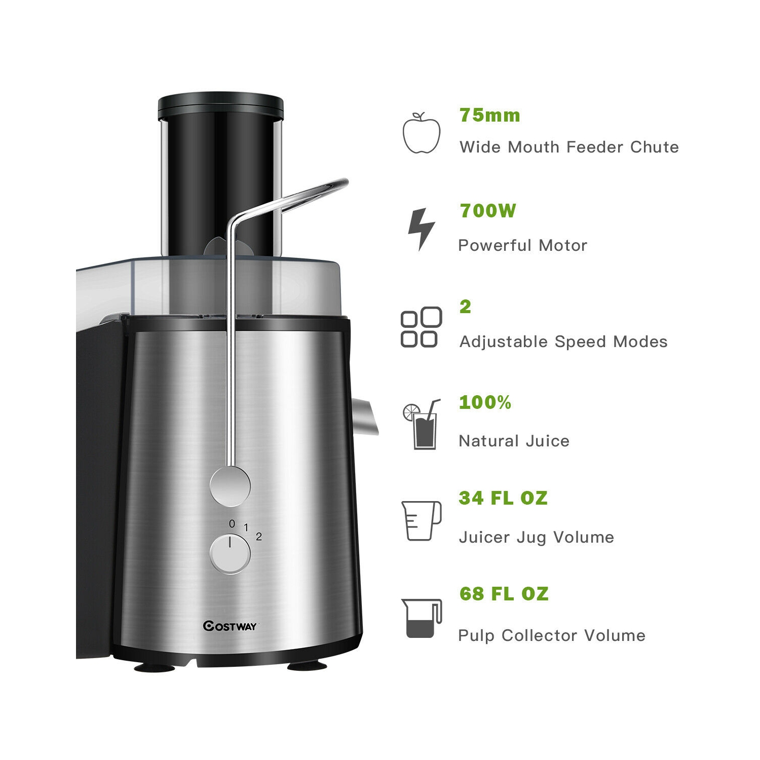 Costway Electric Juicer Wide Mouth Fruit & Vegetable Centrifugal Juice Extractor 2 Speed