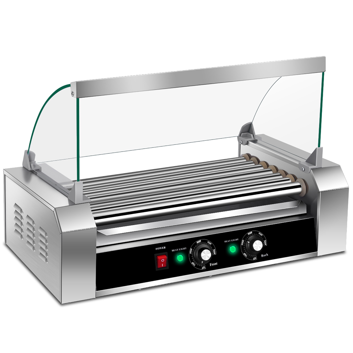 Grille Saucisses Électrique Inox 1400W avec 7 Rouleaux Chauffants Anti-adhésif, Vitre de Protection en Verre Trempé, Certification CE, ETL