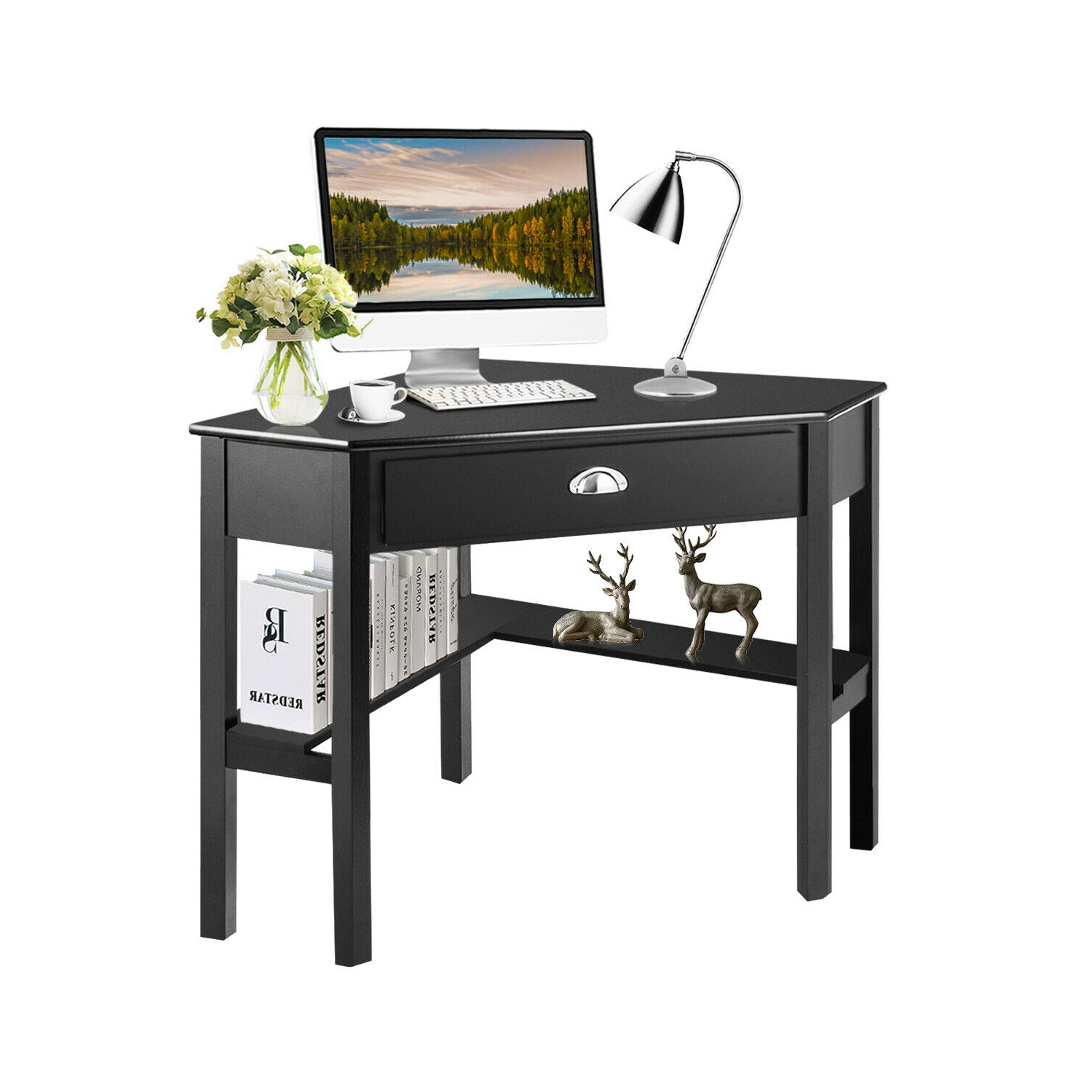 Costway Triangle Computer Desk Corner Office Desk Laptop Table w/ Drawer Shelves Rustic