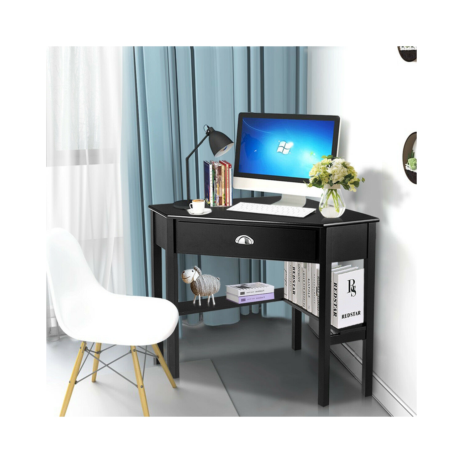 Costway Triangle Computer Desk Corner Office Desk Laptop Table w/ Drawer Shelves Rustic