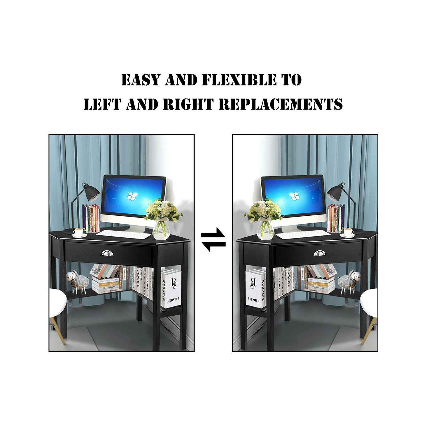 Costway Triangle Computer Desk Corner Office Desk Laptop Table w/ Drawer Shelves Rustic