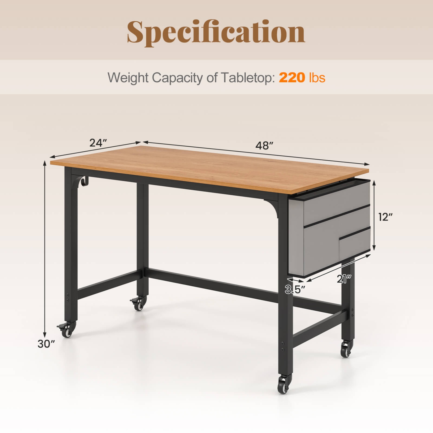 Costway Rolling Computer Desk Metal Frame PC Laptop Table Wood Top Study Workstation