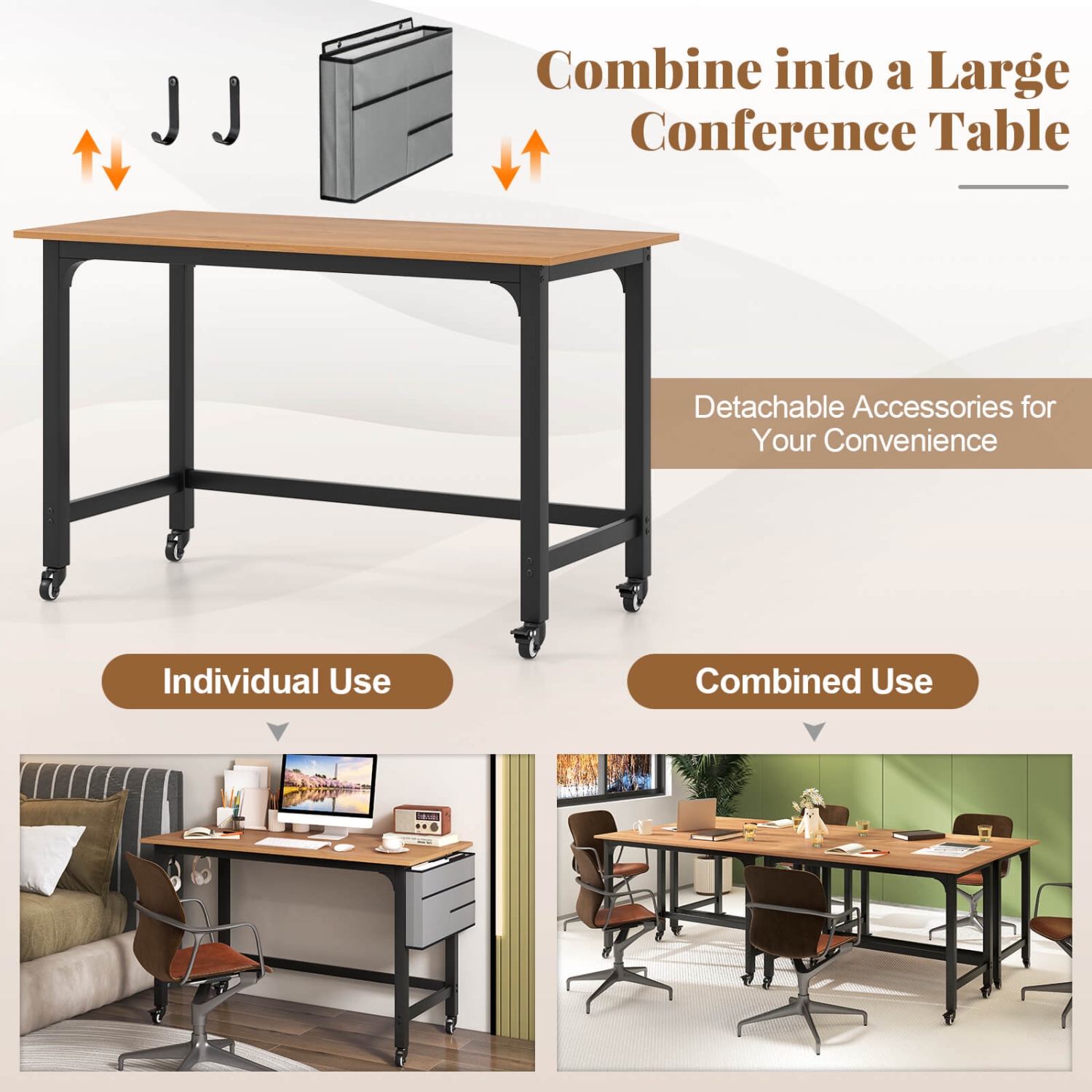 Costway Rolling Computer Desk Metal Frame PC Laptop Table Wood Top Study Workstation