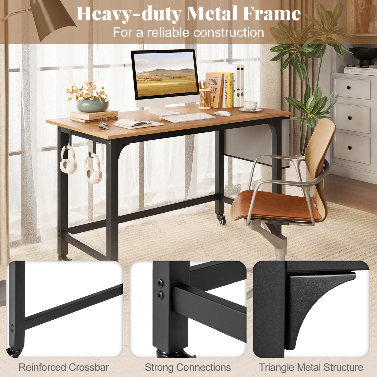 Costway Rolling Computer Desk Metal Frame PC Laptop Table Wood Top Study Workstation