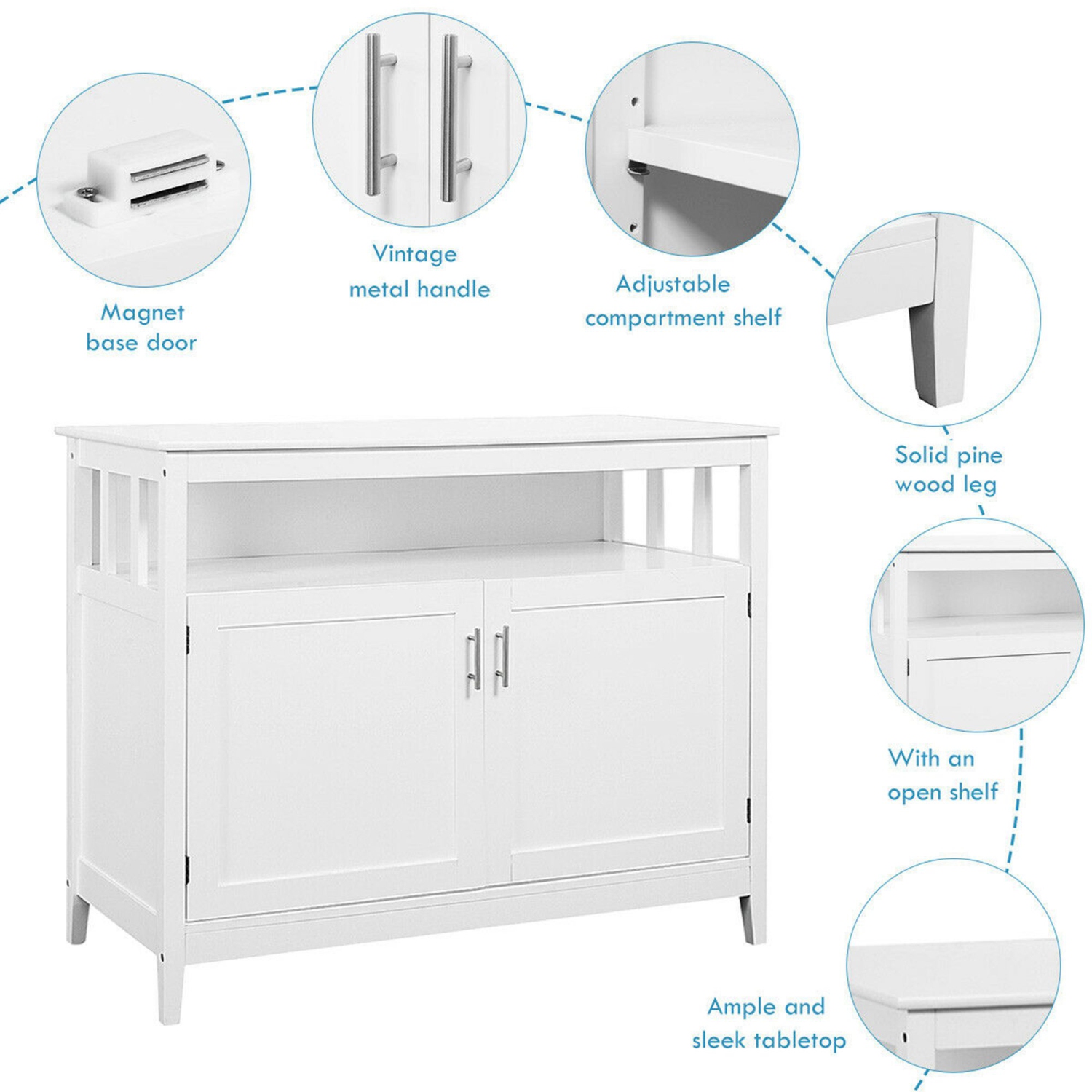 Costway Wood Kitchen Storage Cabinet Buffet Server Table Sideboard White