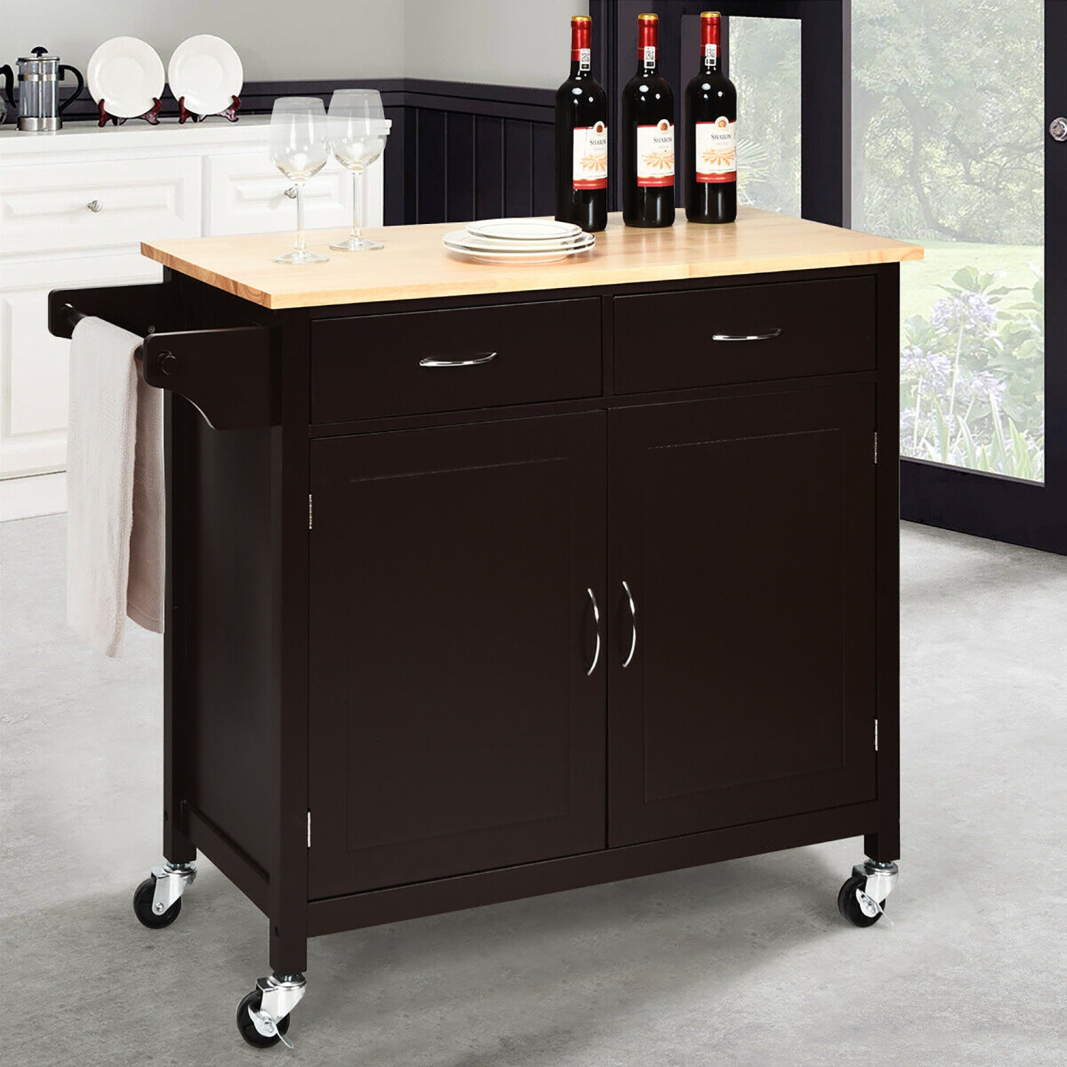 Costway Modern Rolling Kitchen Cart Island Wood Top Storage Trolley Cabinet Utility