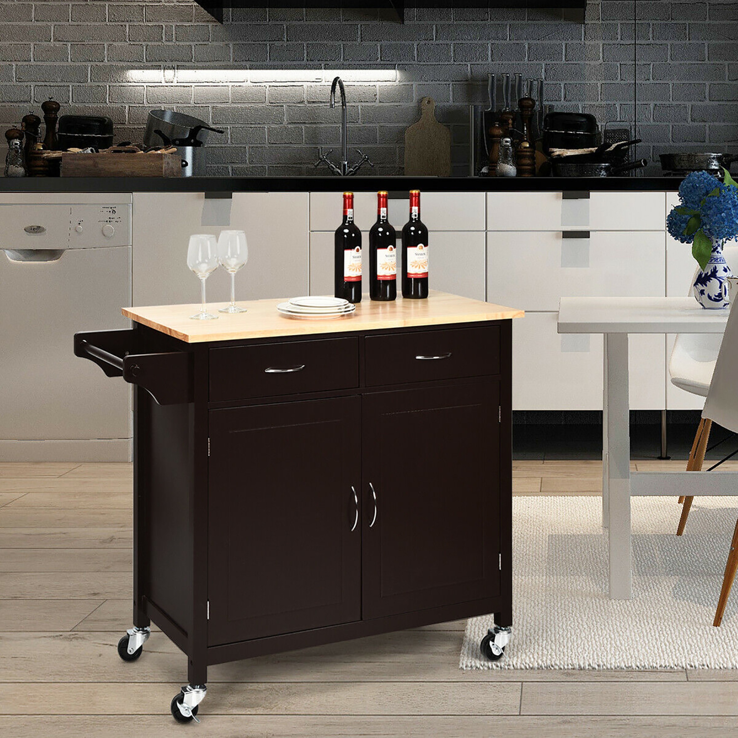 Costway Modern Rolling Kitchen Cart Island Wood Top Storage Trolley Cabinet Utility