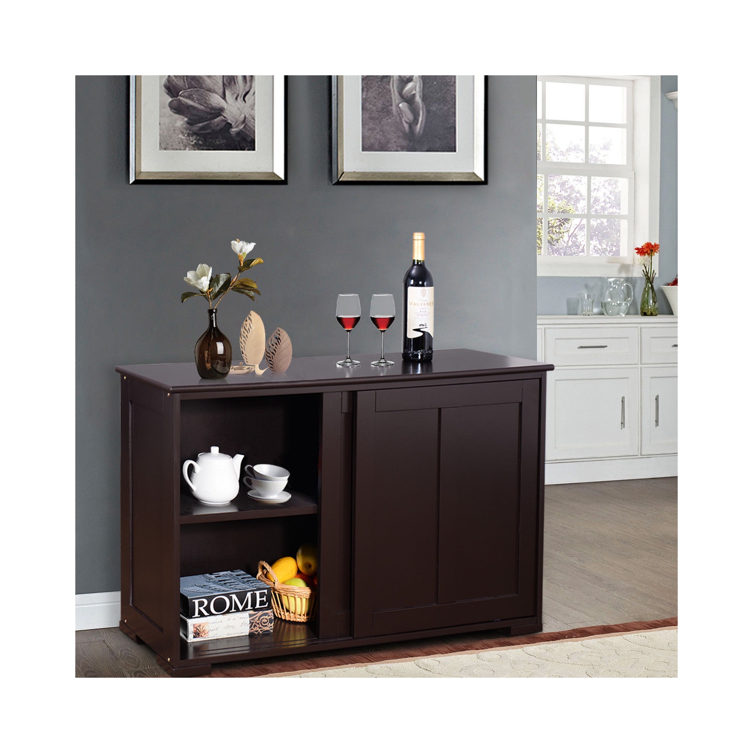 Costway Kitchen Storage Cabinet Sideboard Buffet Cupboard Wood Sliding Door Pantry