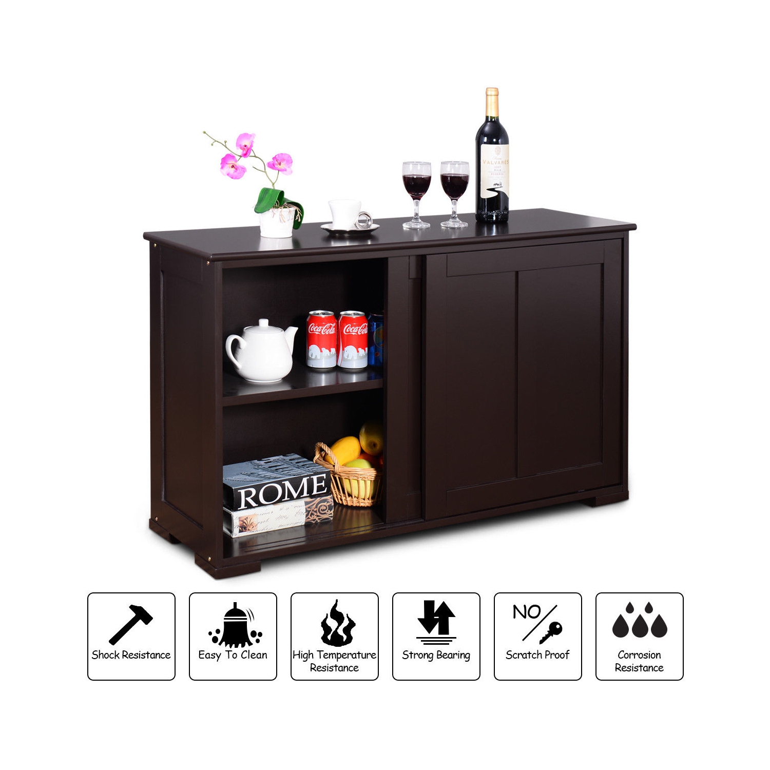 Costway Kitchen Storage Cabinet Sideboard Buffet Cupboard Wood Sliding Door Pantry