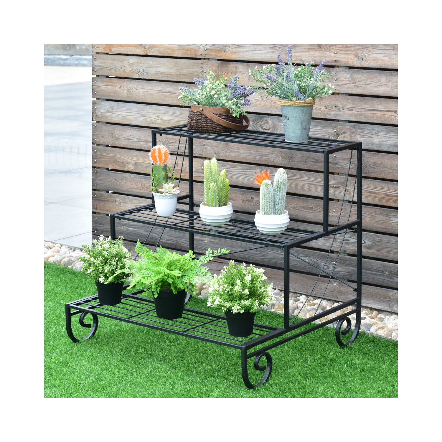 Costway 3 Tier Outdoor Metal Plant Stand Flower Planter Garden Display Shelf Rack