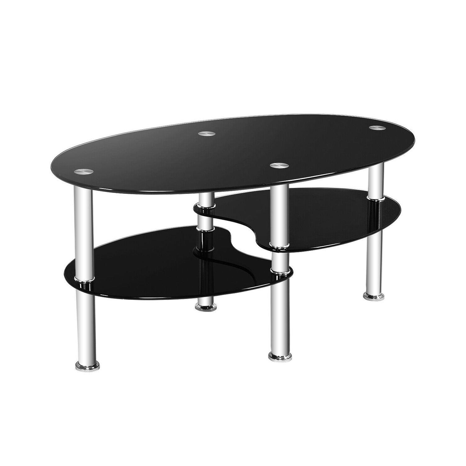 Costway Tempered Glass Oval Side Coffee Table Shelf Chrome Base Living Room Black