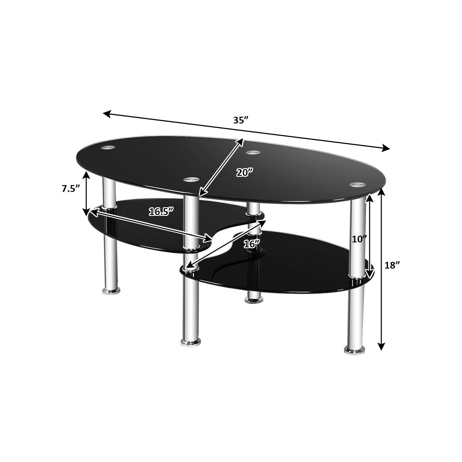 Costway Tempered Glass Oval Side Coffee Table Shelf Chrome Base Living Room Black