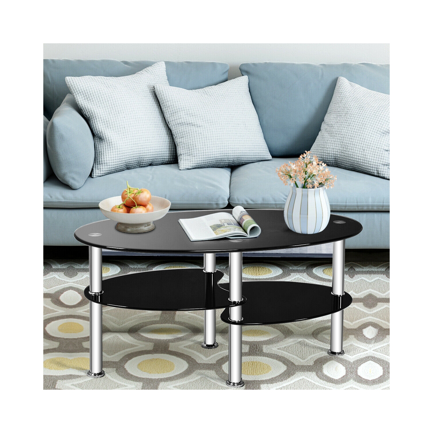 Costway Tempered Glass Oval Side Coffee Table Shelf Chrome Base Living Room Black