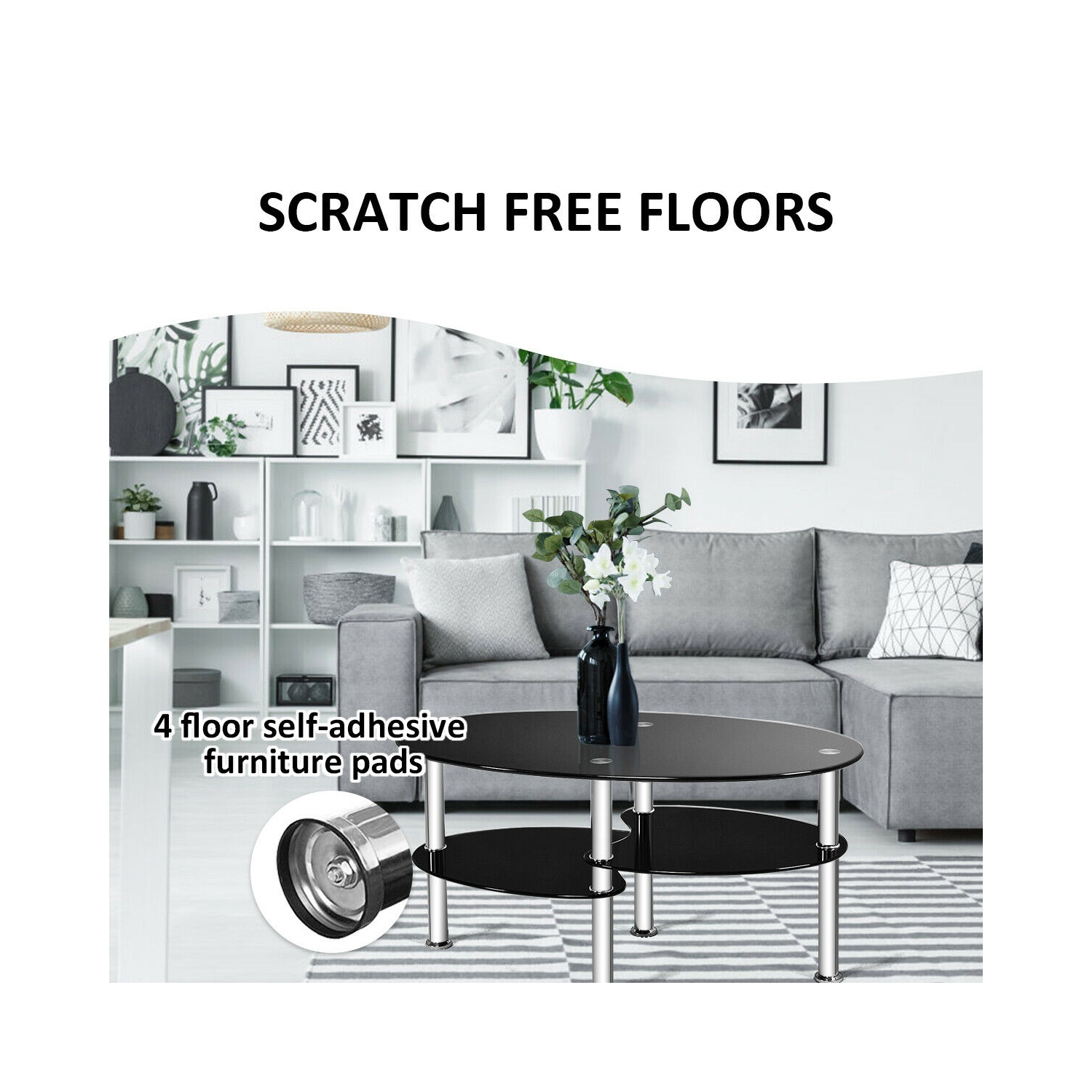 Costway Tempered Glass Oval Side Coffee Table Shelf Chrome Base Living Room Black