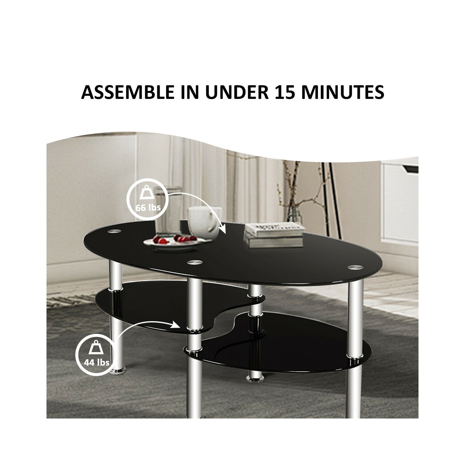 Costway Tempered Glass Oval Side Coffee Table Shelf Chrome Base Living Room Black