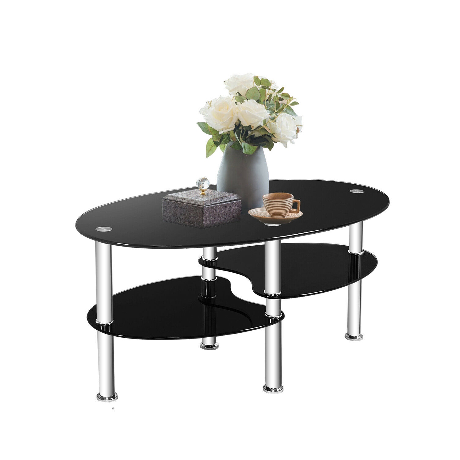 Costway Tempered Glass Oval Side Coffee Table Shelf Chrome Base Living Room Black