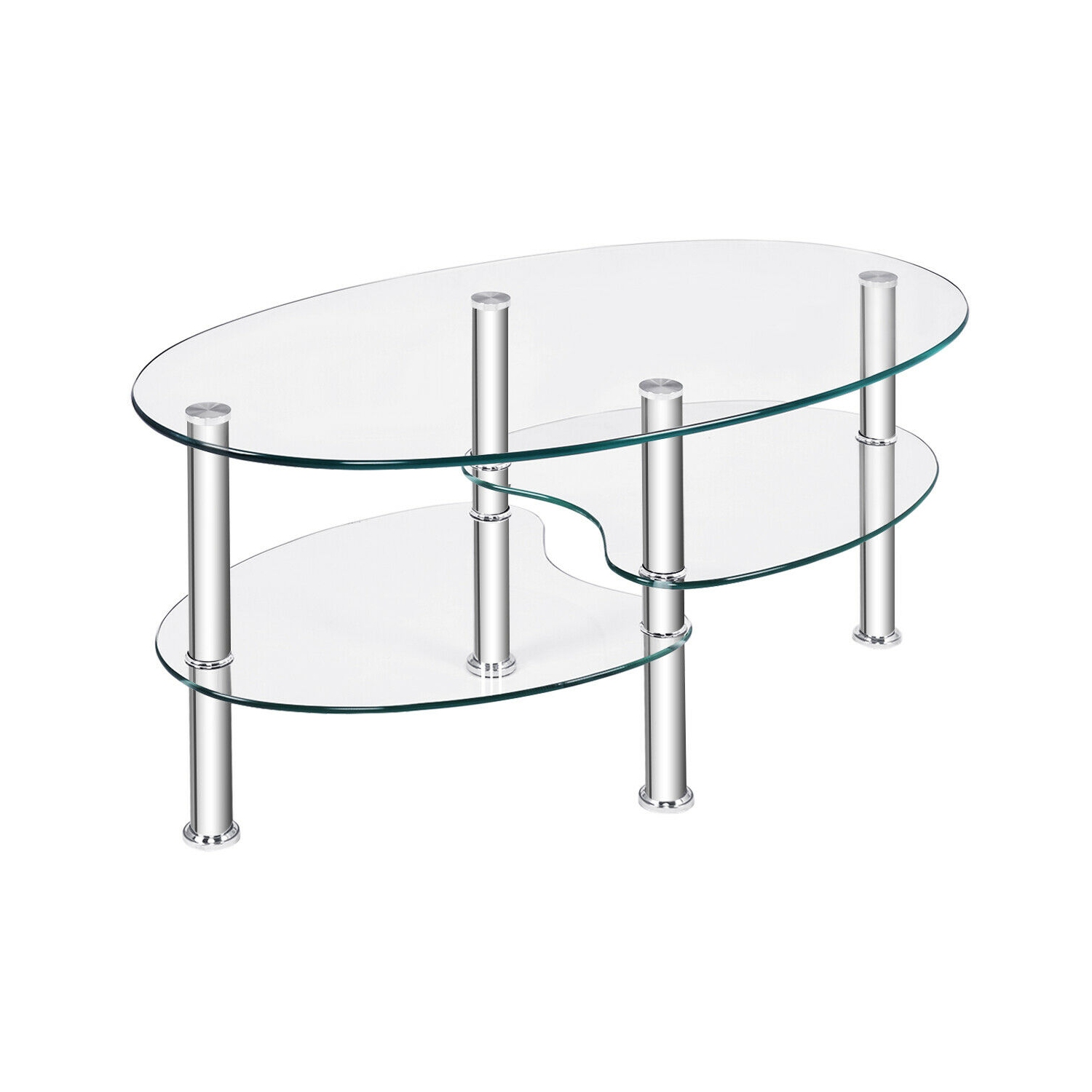 Costway Tempered Glass Oval Side Coffee Table Shelf Chrome Base Living Room Clear