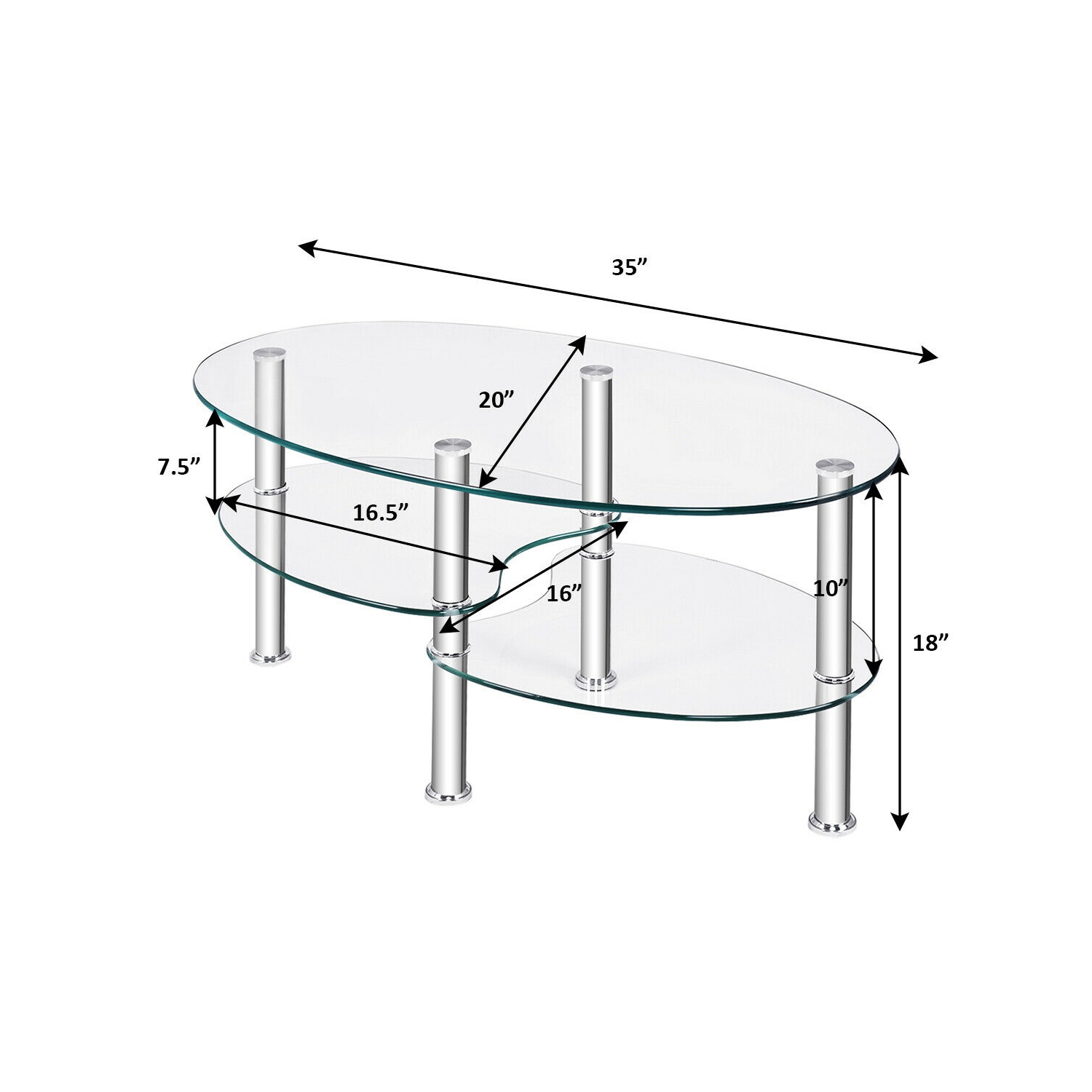 Costway Tempered Glass Oval Side Coffee Table Shelf Chrome Base Living Room Clear