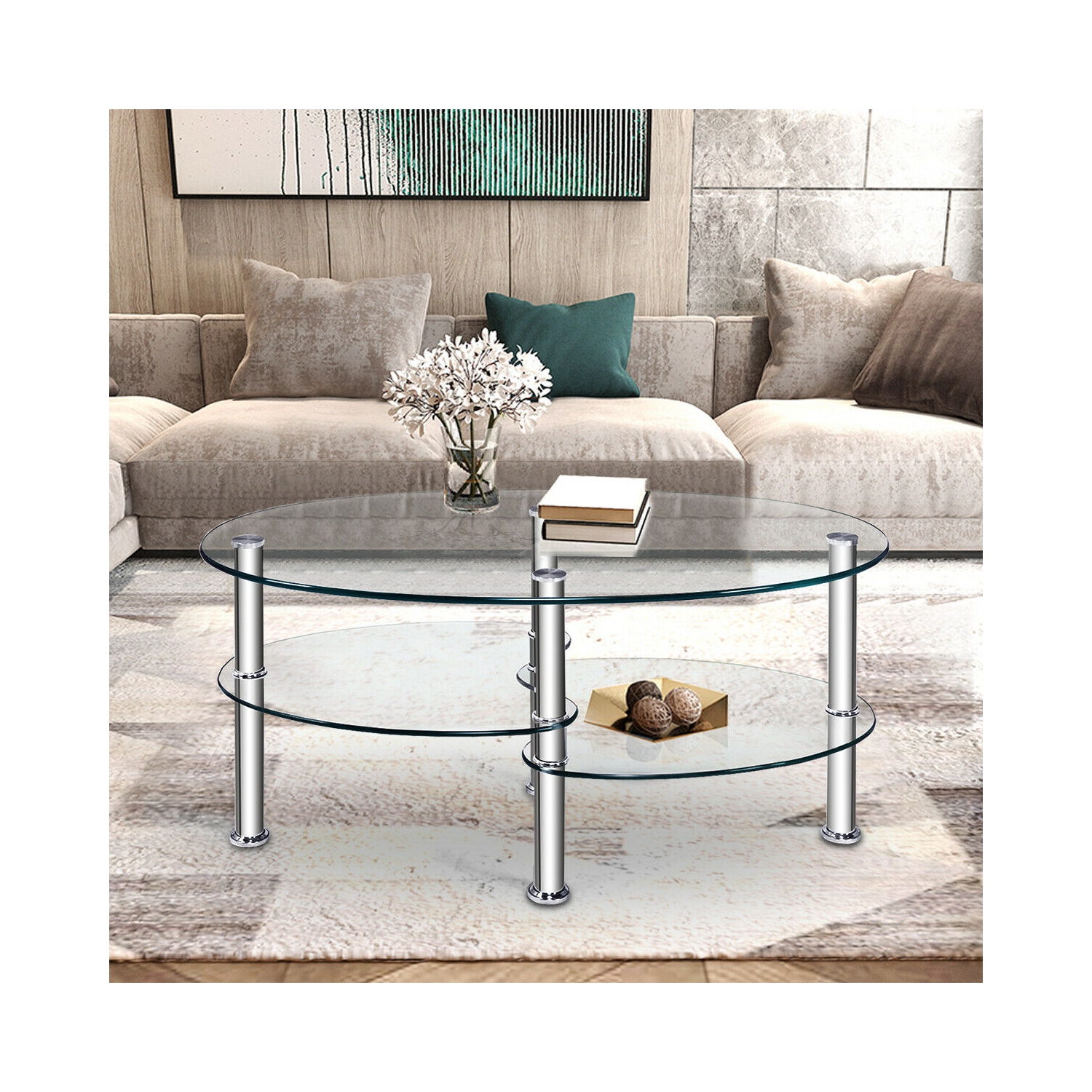 Costway Tempered Glass Oval Side Coffee Table Shelf Chrome Base Living Room Clear