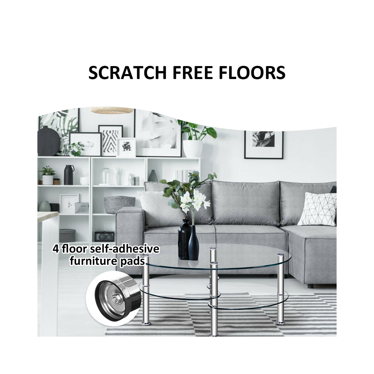 Costway Tempered Glass Oval Side Coffee Table Shelf Chrome Base Living Room Clear