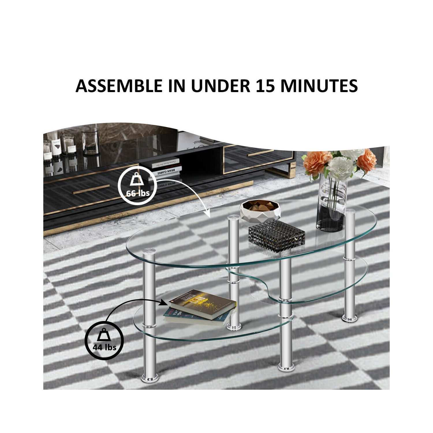 Costway Tempered Glass Oval Side Coffee Table Shelf Chrome Base Living Room Clear