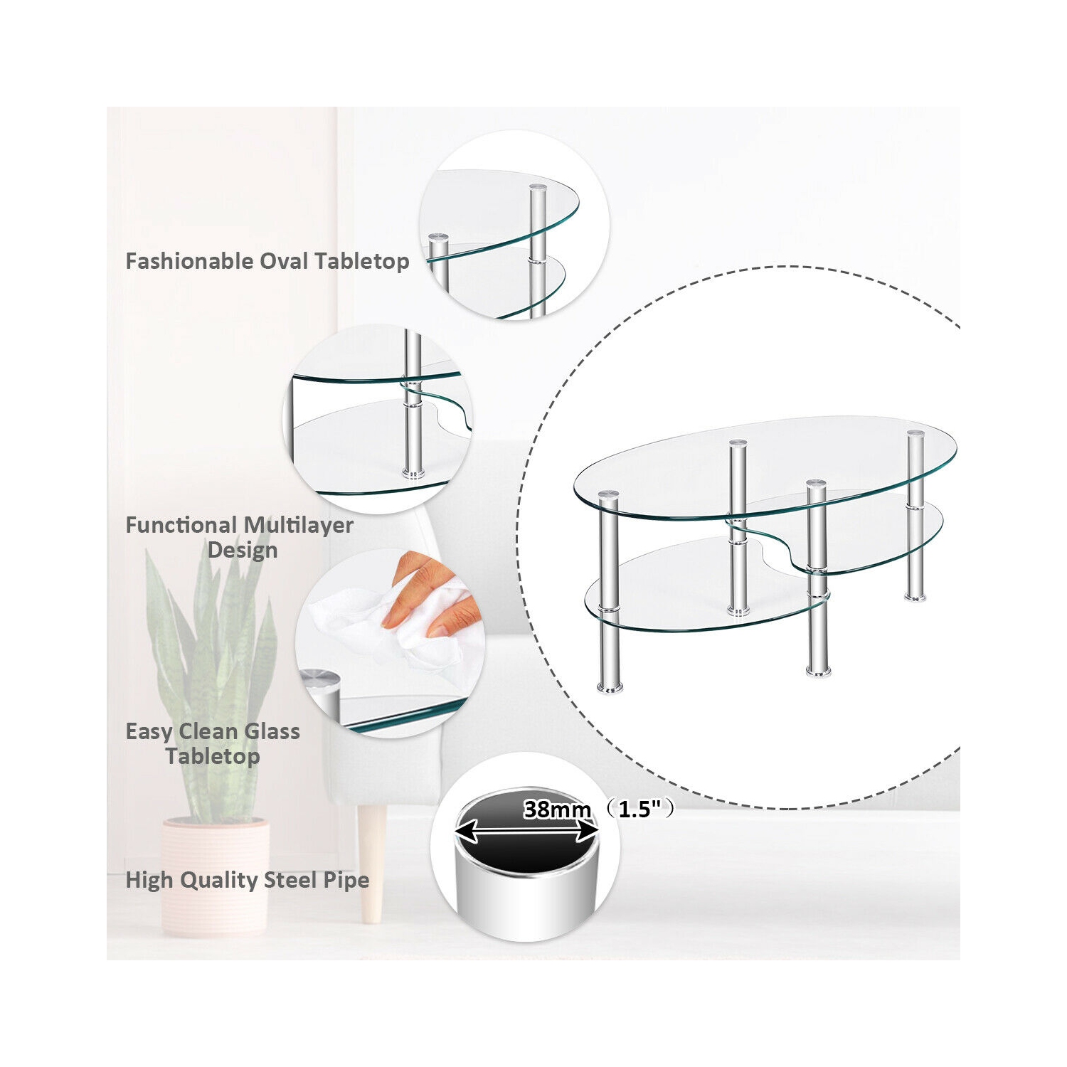 Costway Tempered Glass Oval Side Coffee Table Shelf Chrome Base Living Room Clear