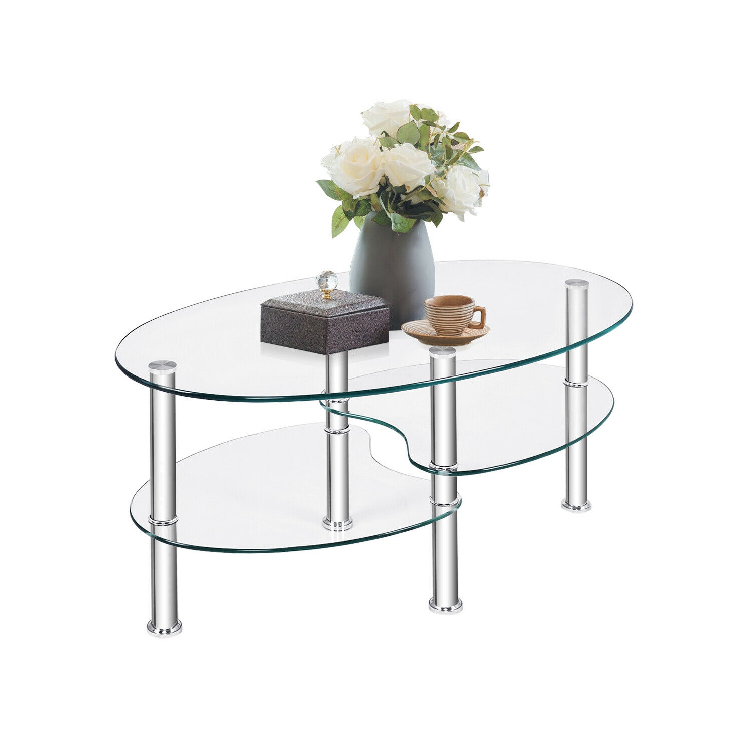 Costway Tempered Glass Oval Side Coffee Table Shelf Chrome Base Living Room Clear