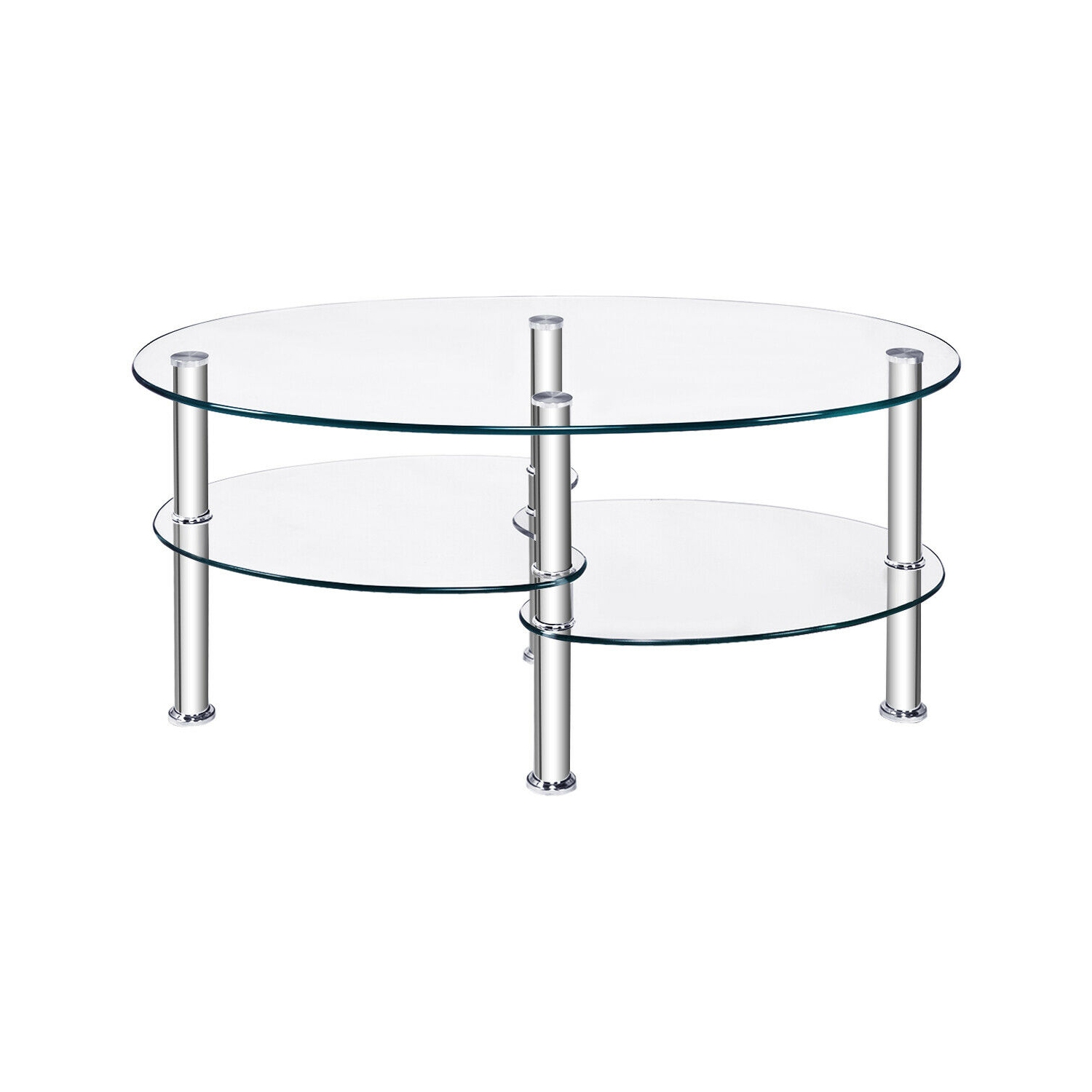 Costway Tempered Glass Oval Side Coffee Table Shelf Chrome Base Living Room Clear