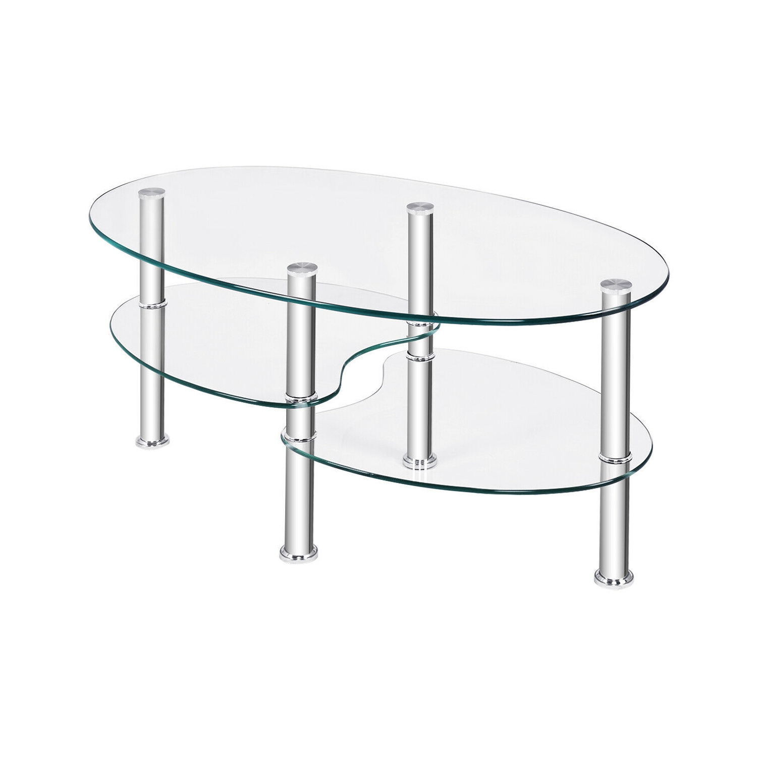 Costway Tempered Glass Oval Side Coffee Table Shelf Chrome Base Living Room Clear