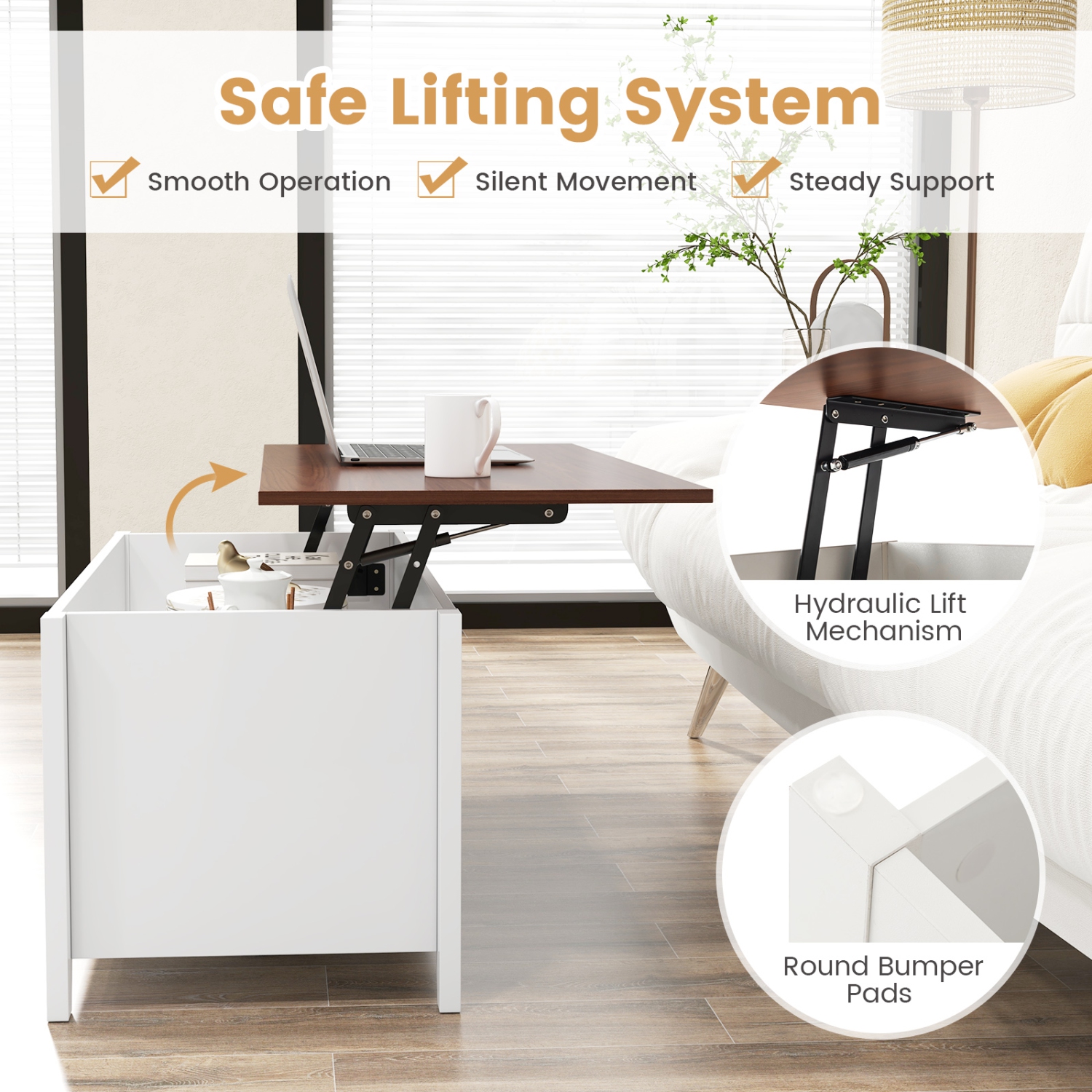 Table basse à plateau relevable avec compartiment caché