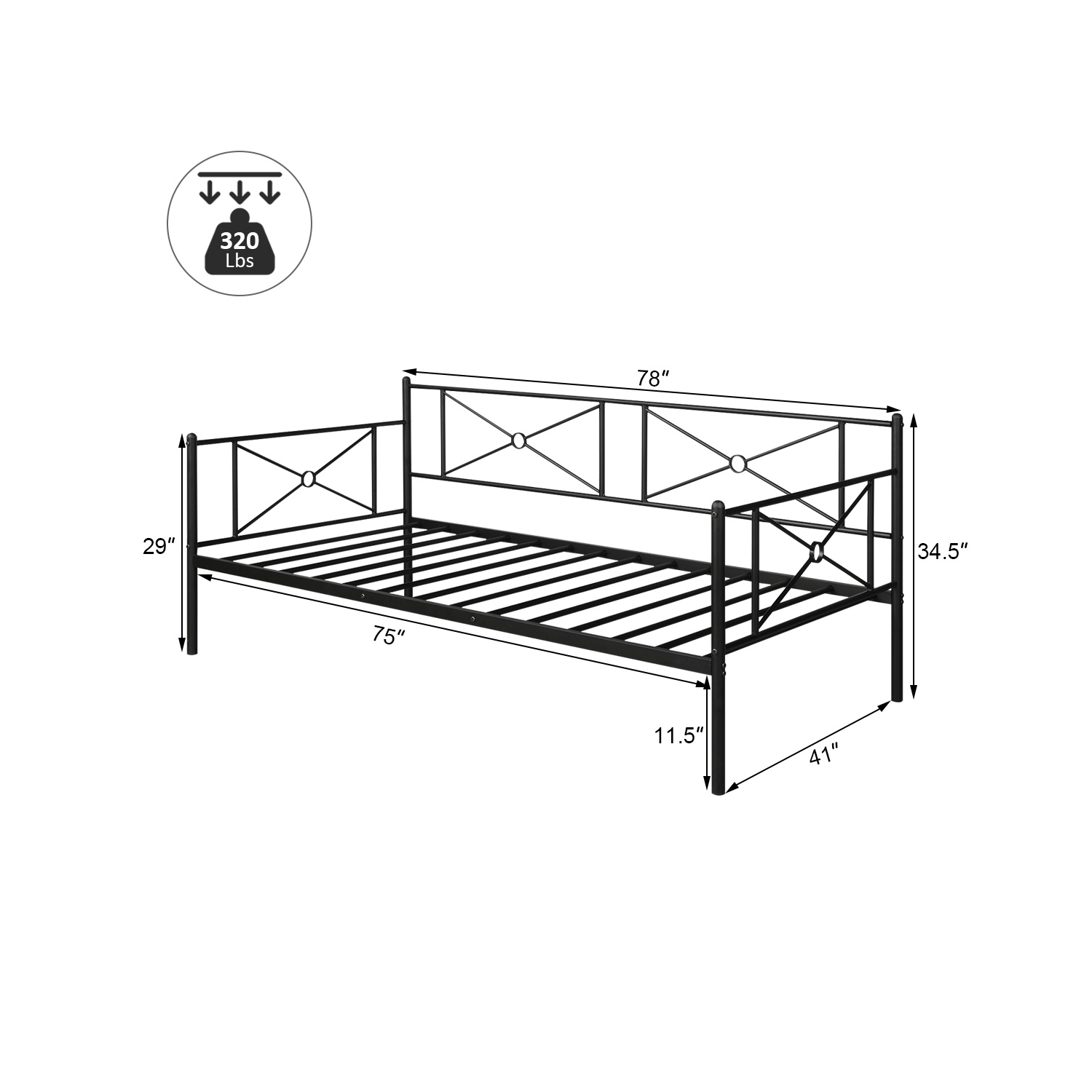 Metal Daybed Twin Bed Frame Stable Steel Slats Platform Base Bed Sofa LivingRoom