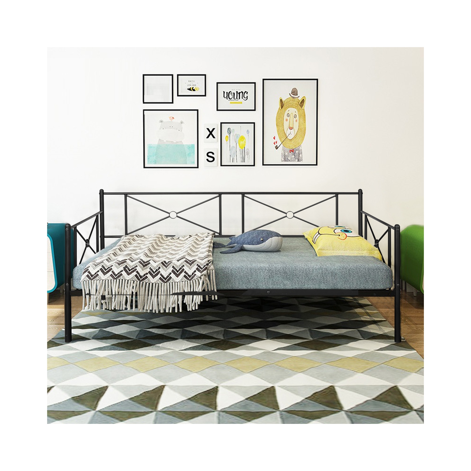 Metal Daybed Twin Bed Frame Stable Steel Slats Platform Base Bed Sofa LivingRoom