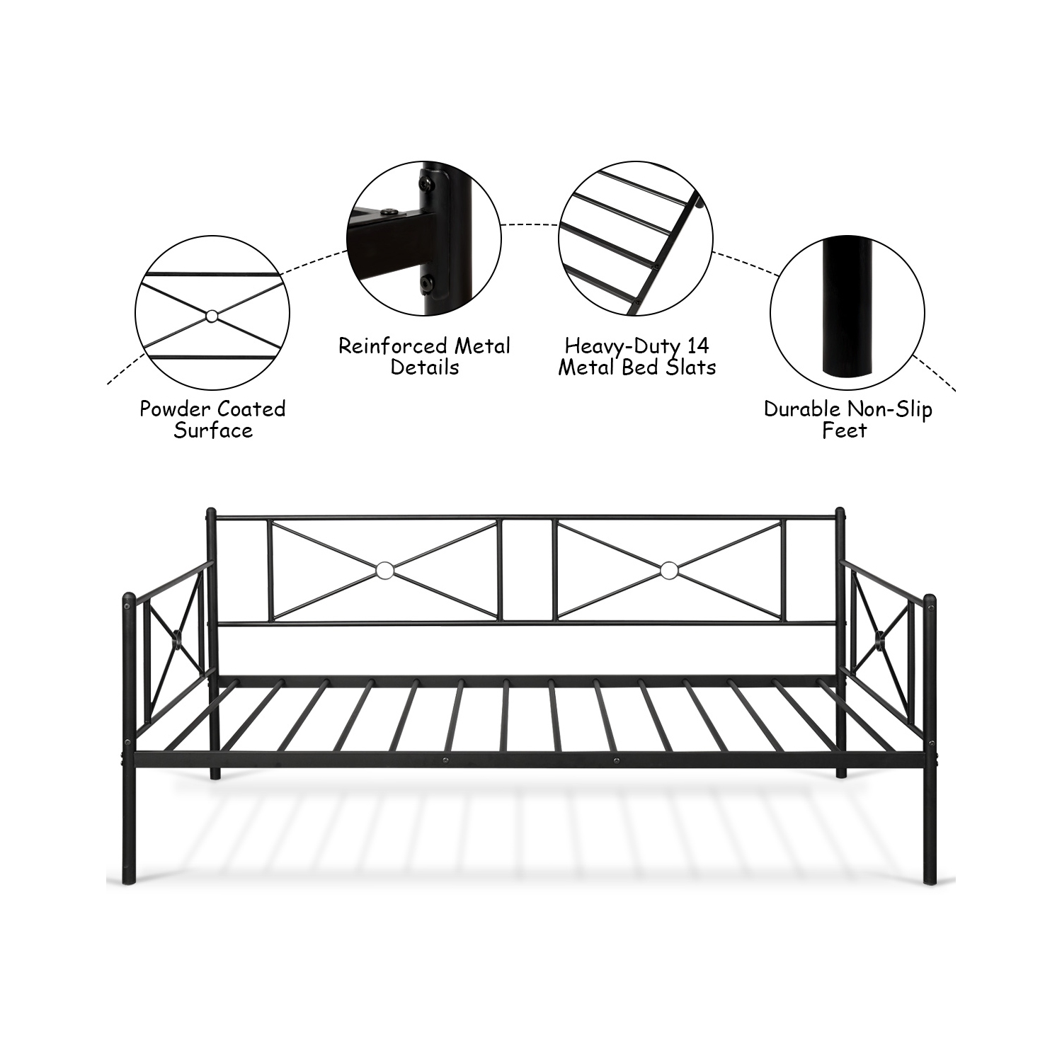 Metal Daybed Twin Bed Frame Stable Steel Slats Platform Base Bed Sofa LivingRoom