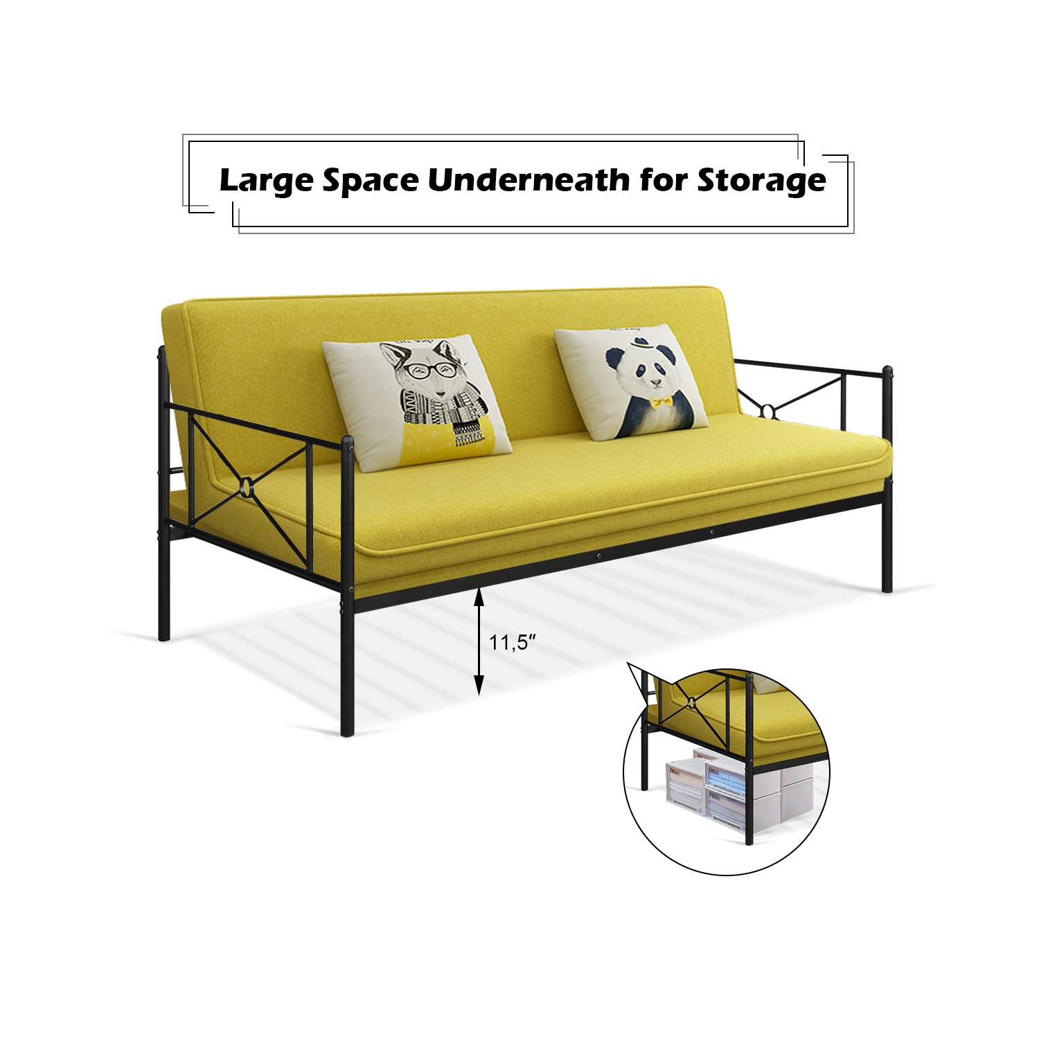 Metal Daybed Twin Bed Frame Stable Steel Slats Platform Base Bed Sofa LivingRoom